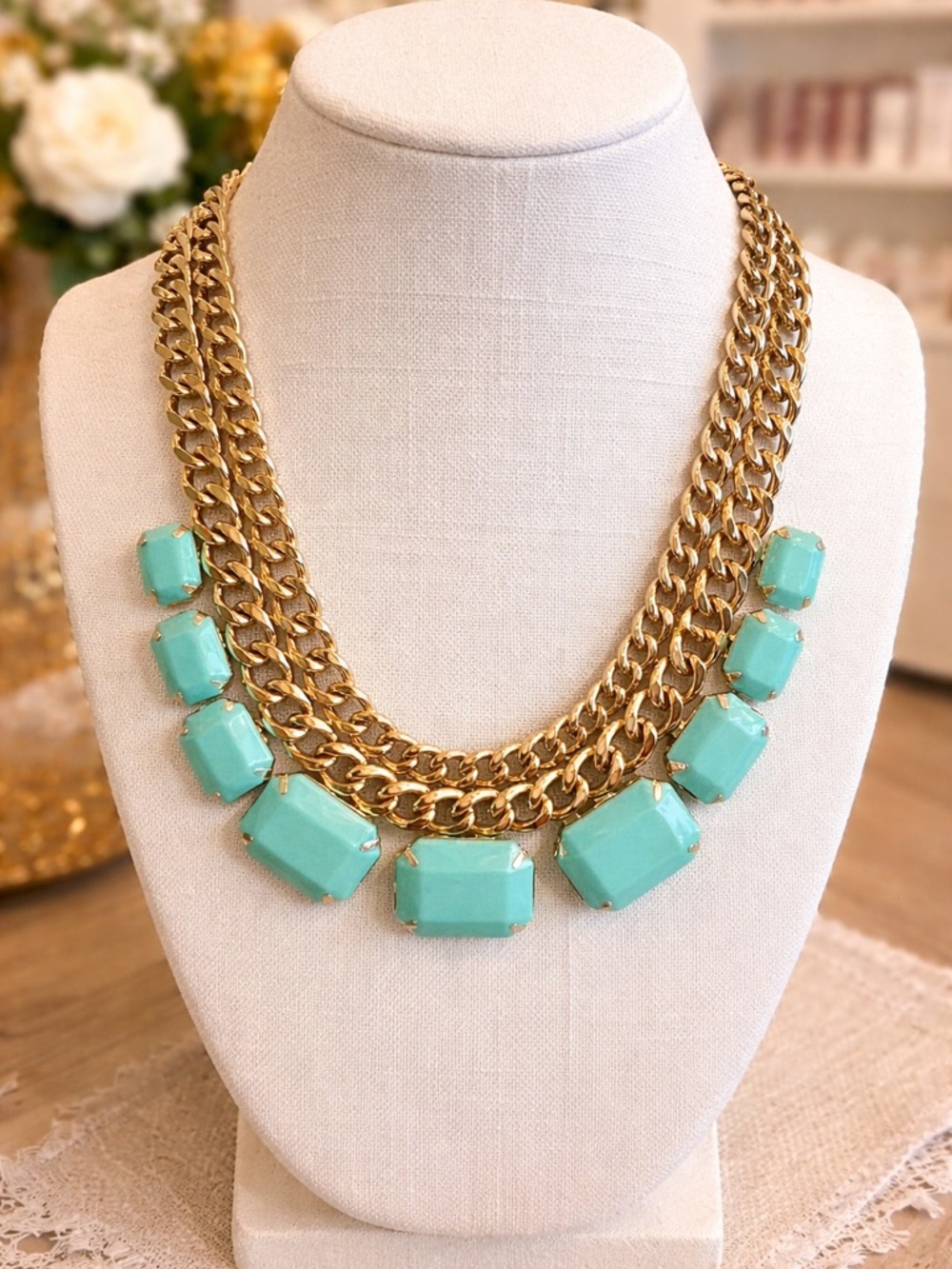 Heavy Vintage Chain Necklace with Aqua Glass Stones